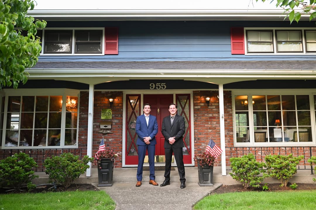 Jacob and Zac Schmerber, founders of Providential Home Care, outside the Providential office in Gladstone, Oregon