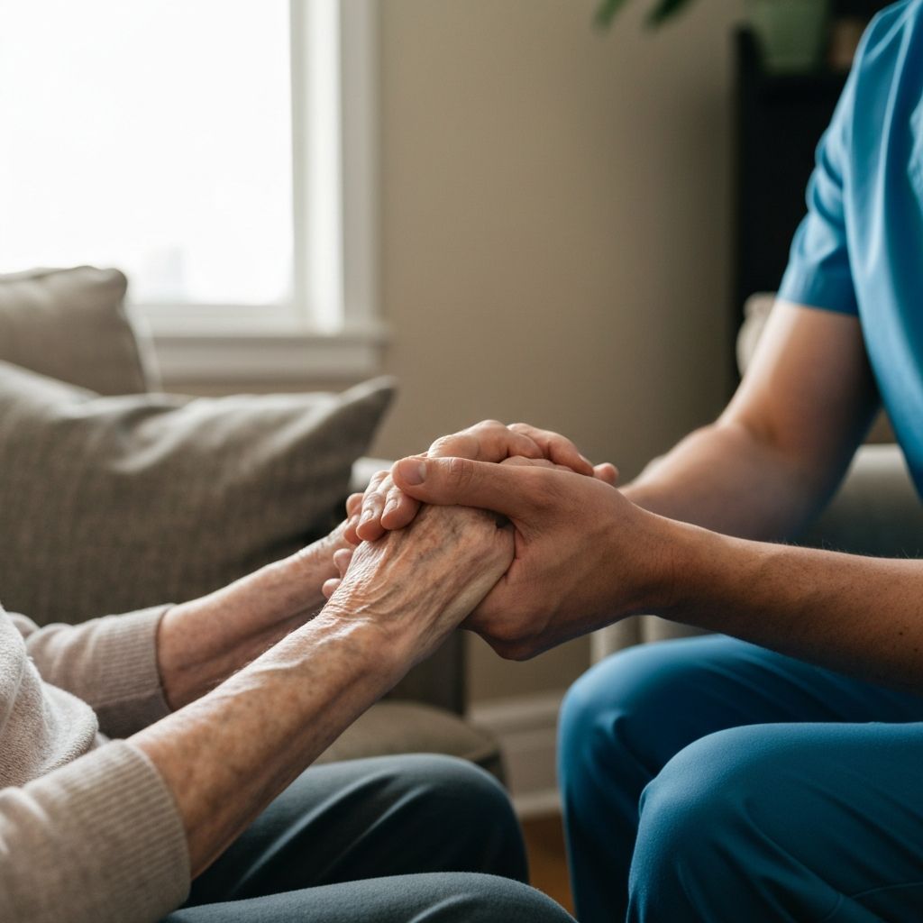 A caregiver holding the hands of an older adult in their living room