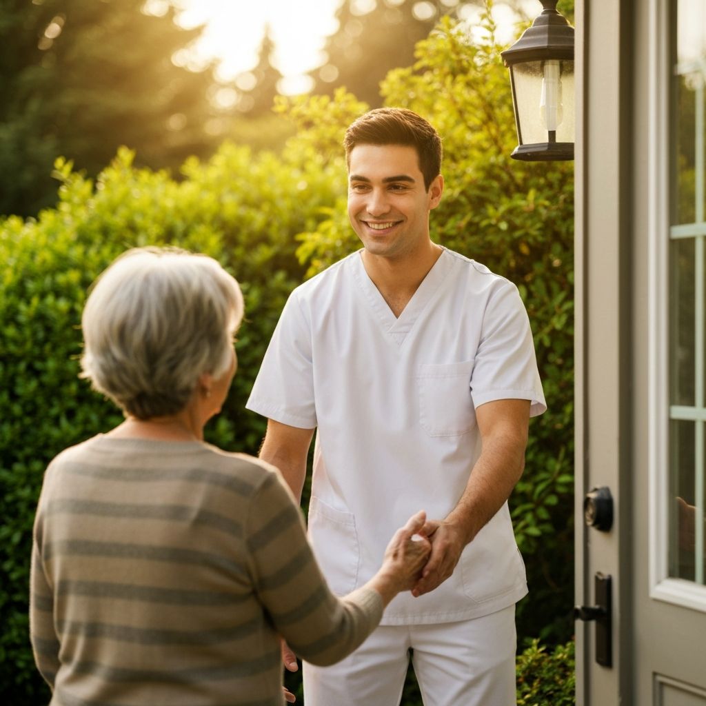 Caregiver warmly greeting an elderly woman at her front door