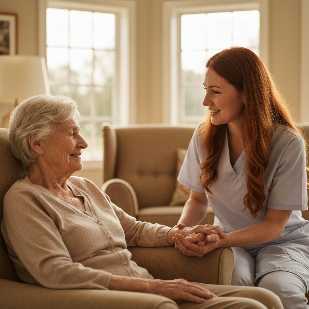 Caregiver gently holding the hand of an elderly woman