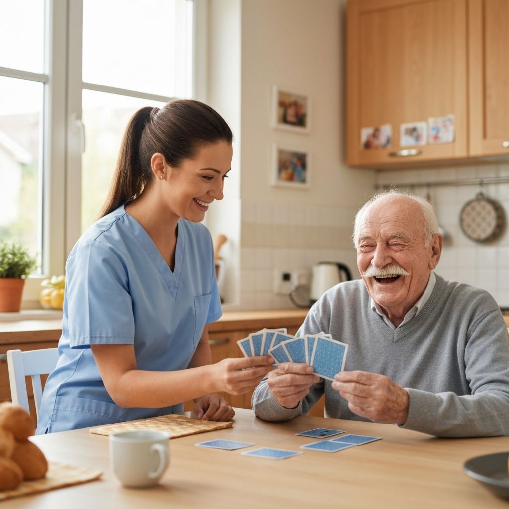Caregiver and senior laughing together while playing cards
