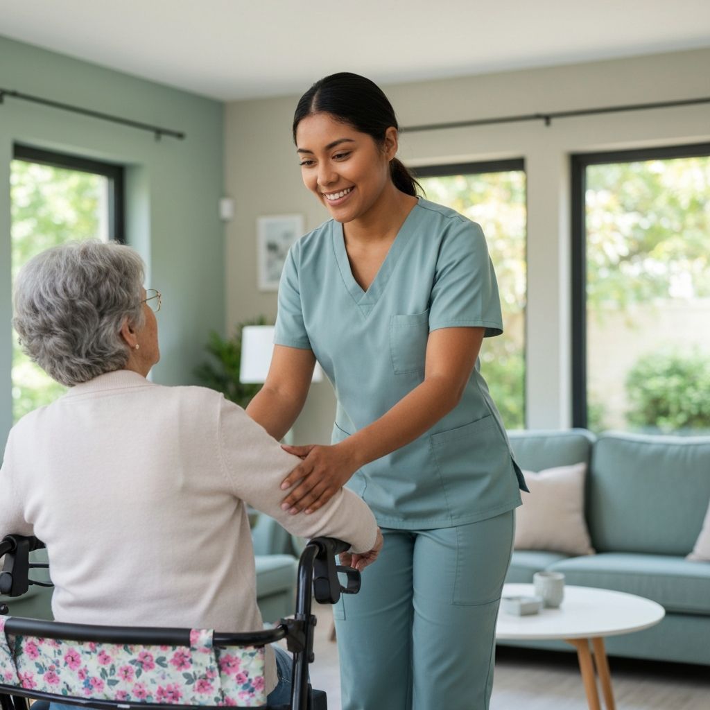 Caregiver assisting elderly woman with mobility support