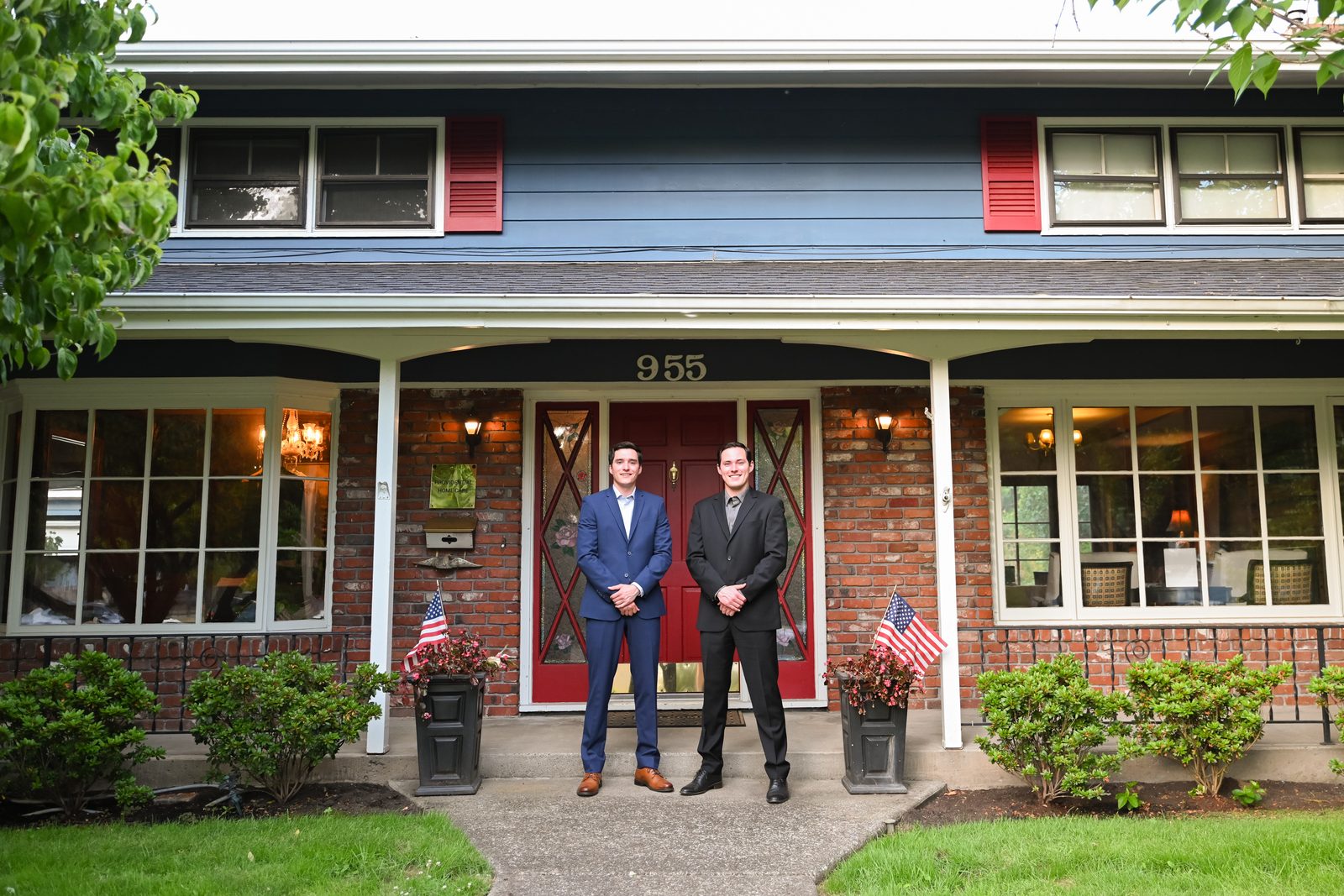 Jacob and Zac Schmerber, founders of Providential Home Care, outside a client's home in the Portland metro area